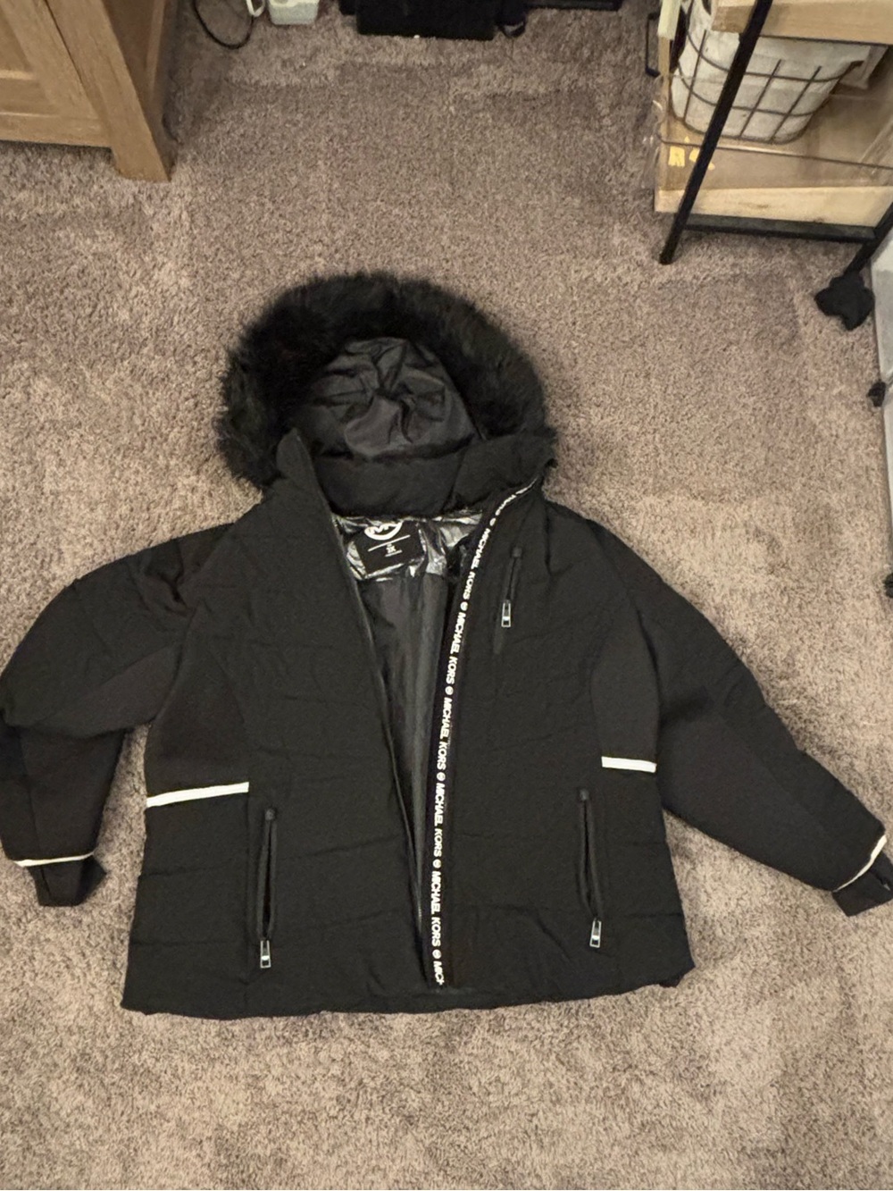 Michael Kors Black Hooded Puffer with Faux Fur Trim and Contrast Trim like new